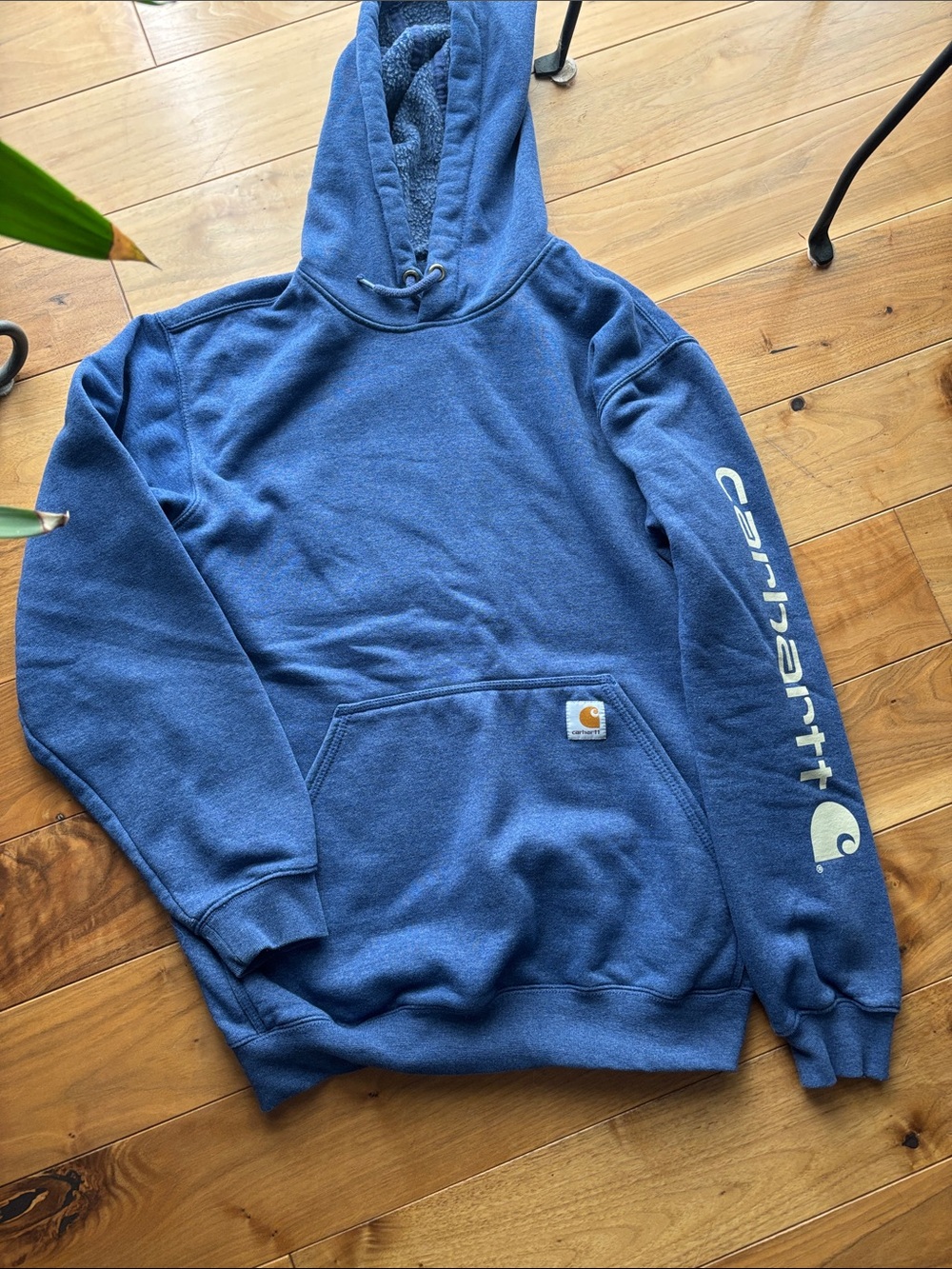 Carhartt Blue Logo Sleeve Hooded Sweatshirt - Cozy Fleece
